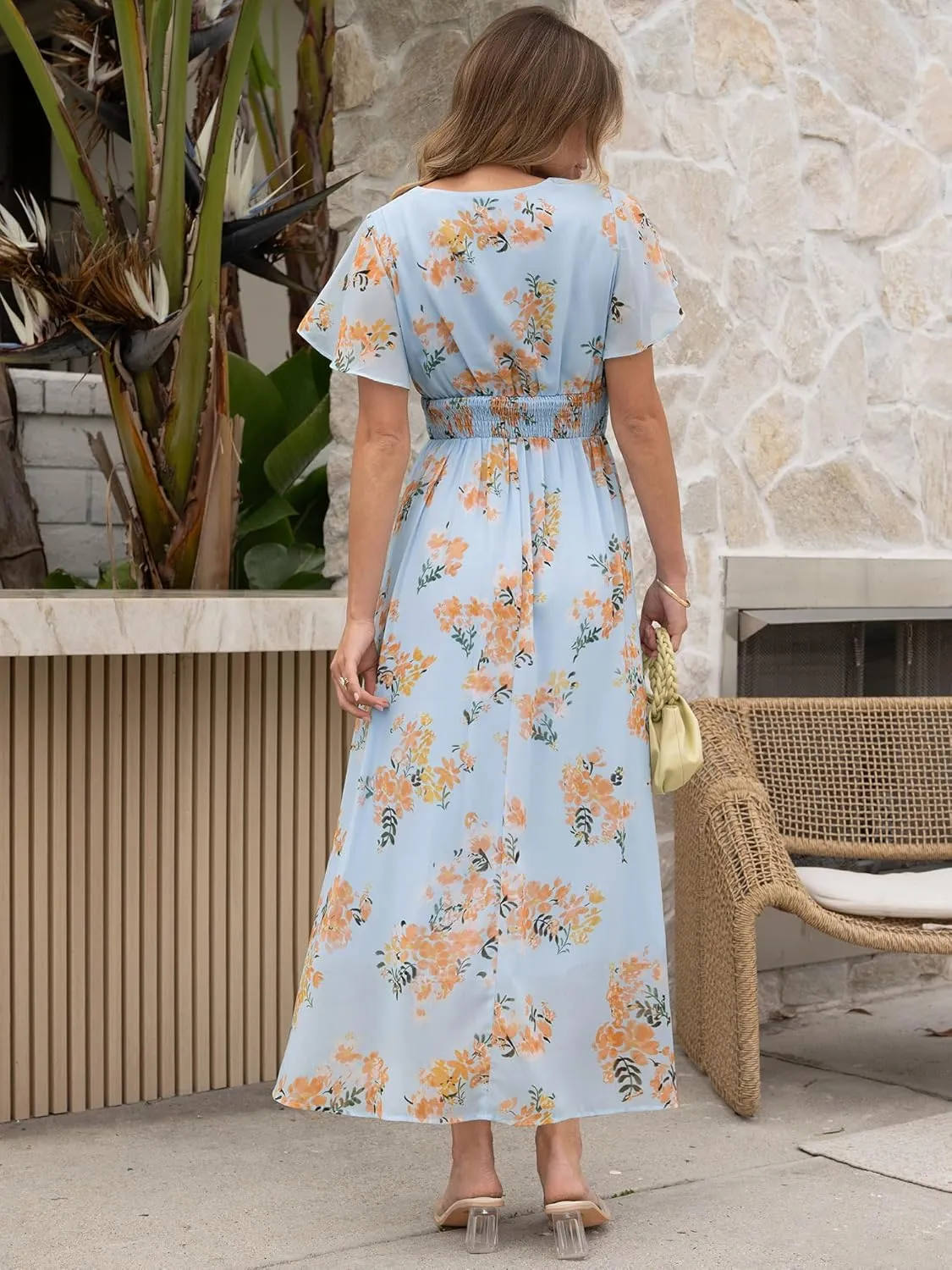 ANRABESS Womens Summer Floral Maxi Dress Casual V Neck Short Sleeve Chiffon Boho Flowy Beach 2025 Wedding Guest Long Dresses