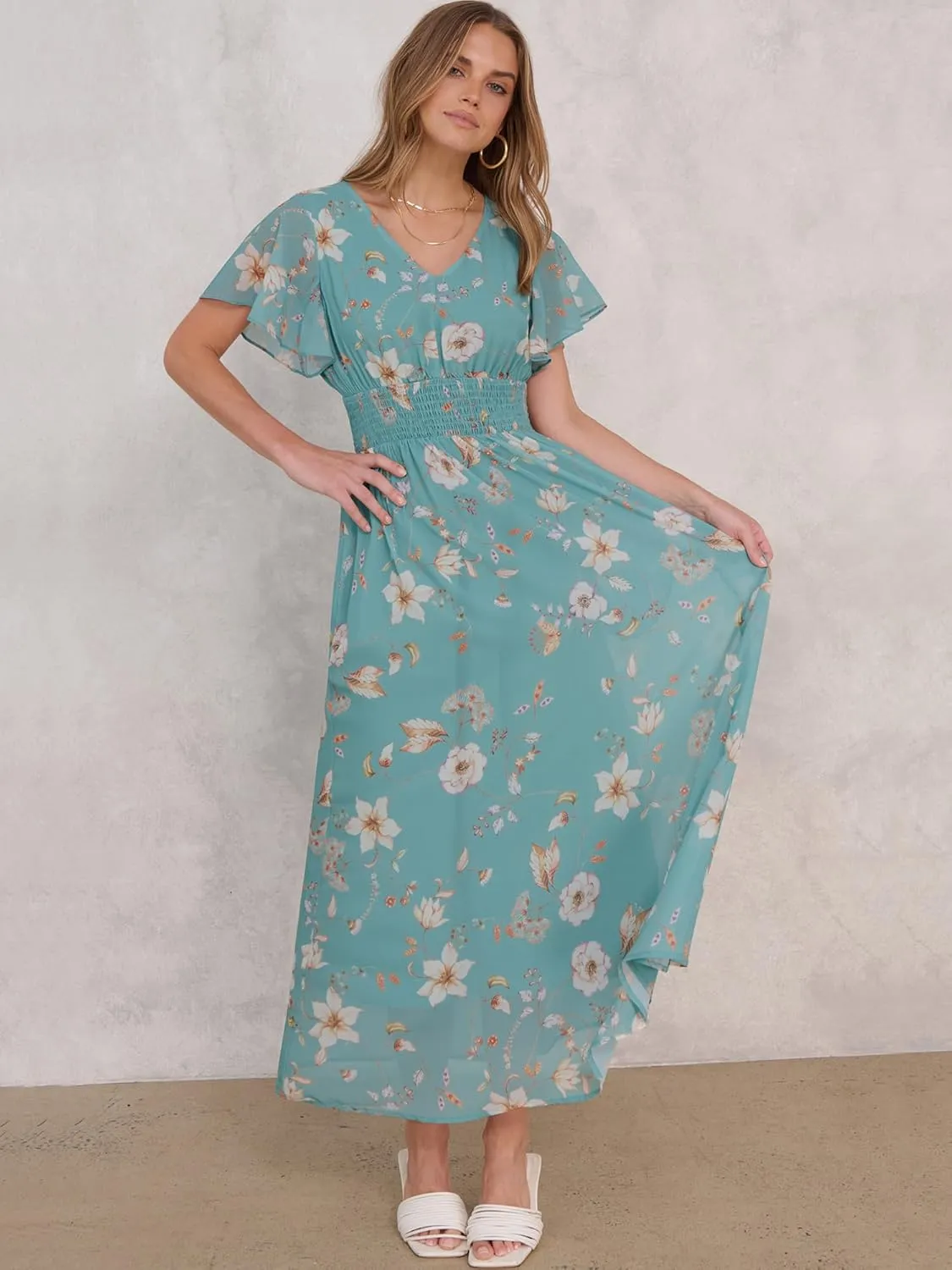 ANRABESS Womens Summer Floral Maxi Dress Casual V Neck Short Sleeve Chiffon Boho Flowy Beach 2025 Wedding Guest Long Dresses