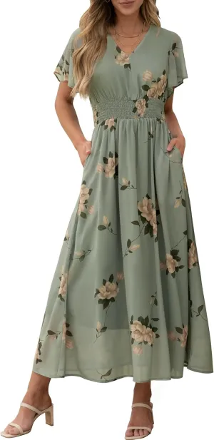 ANRABESS Womens Summer Floral Maxi Dress Casual V Neck Short Sleeve Chiffon Boho Flowy Beach 2025 Wedding Guest Long Dresses
