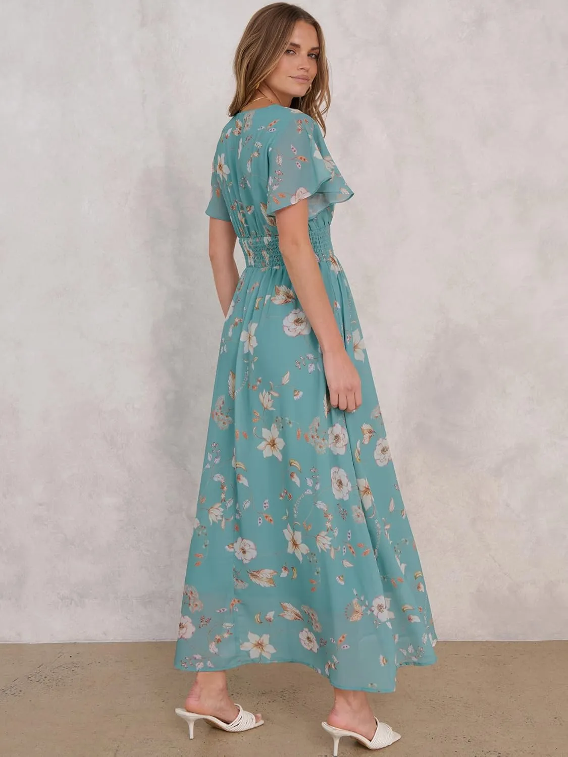 ANRABESS Womens Summer Floral Maxi Dress Casual V Neck Short Sleeve Chiffon Boho Flowy Beach 2025 Wedding Guest Long Dresses