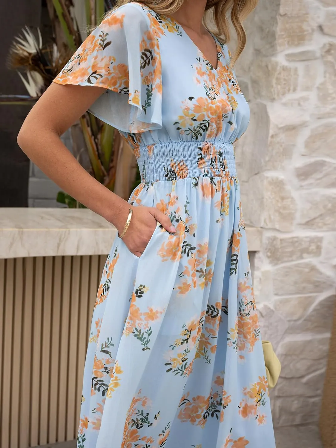 ANRABESS Womens Summer Floral Maxi Dress Casual V Neck Short Sleeve Chiffon Boho Flowy Beach 2025 Wedding Guest Long Dresses