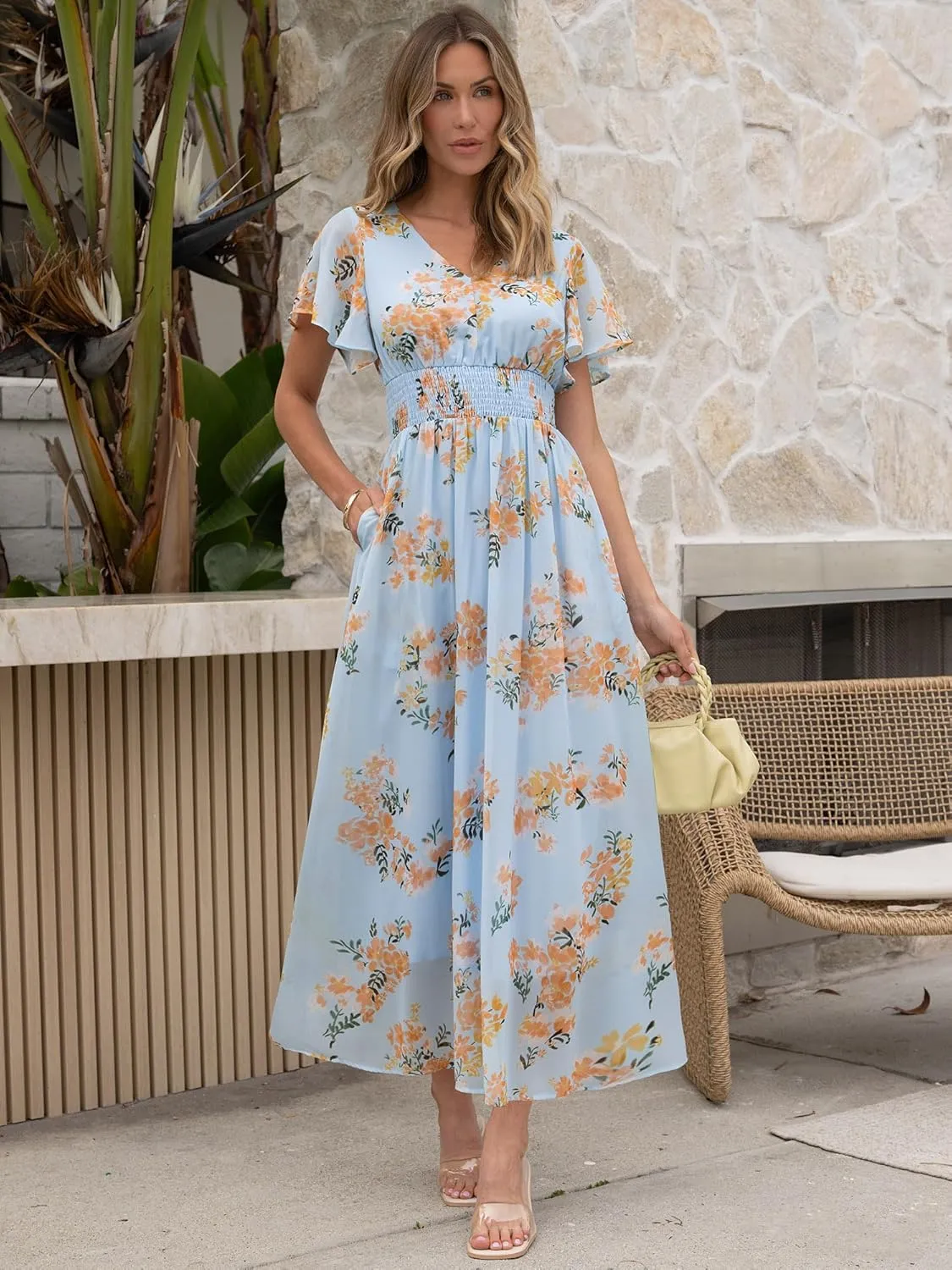 ANRABESS Womens Summer Floral Maxi Dress Casual V Neck Short Sleeve Chiffon Boho Flowy Beach 2025 Wedding Guest Long Dresses