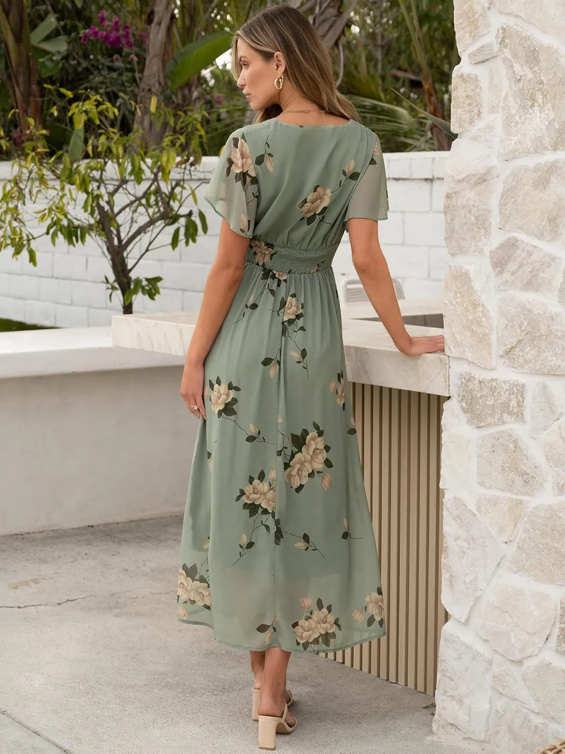 ANRABESS Womens Summer Floral Maxi Dress Casual V Neck Short Sleeve Chiffon Boho Flowy Beach 2025 Wedding Guest Long Dresses