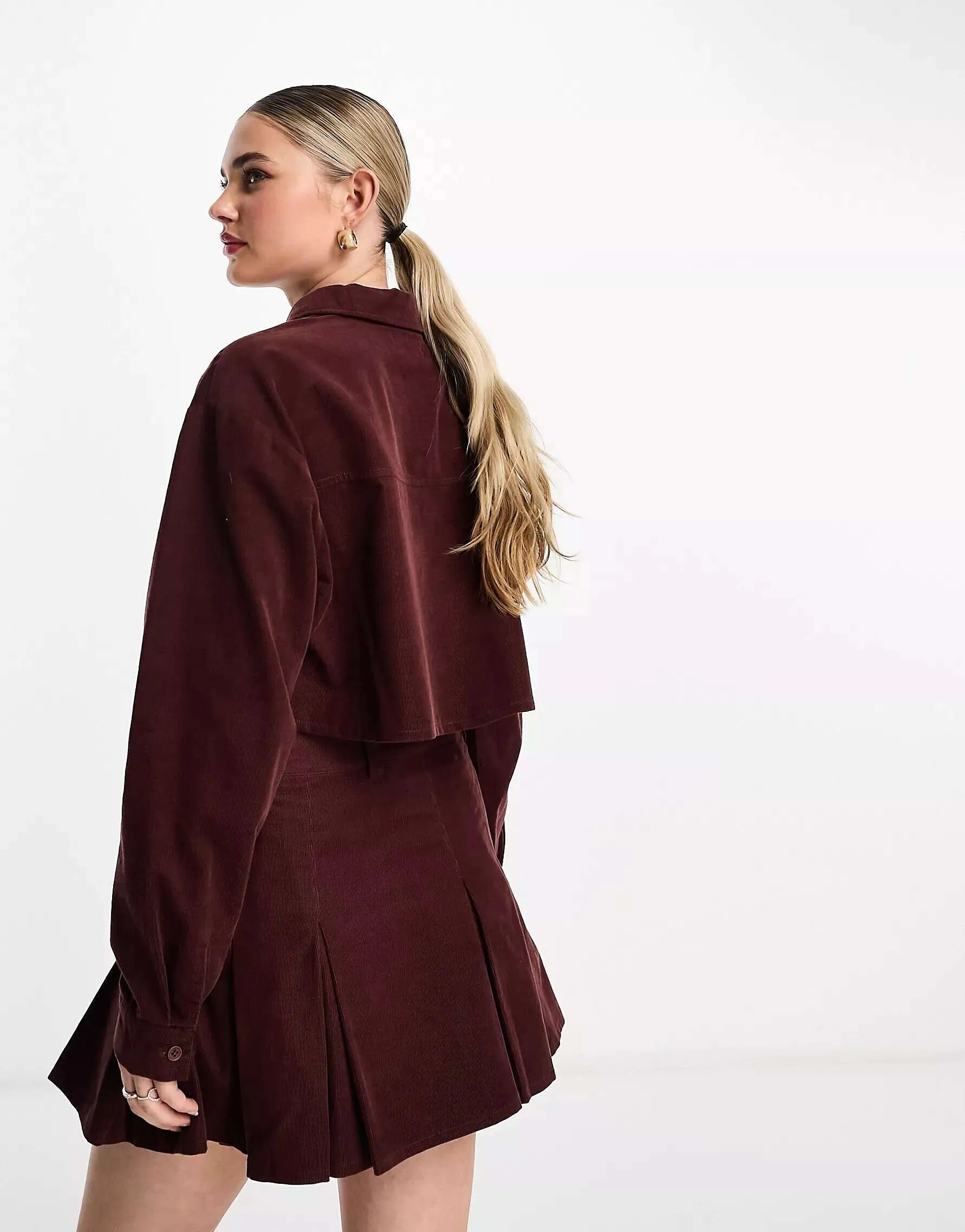 ASOS cropped corduroy shirt in burgundy
