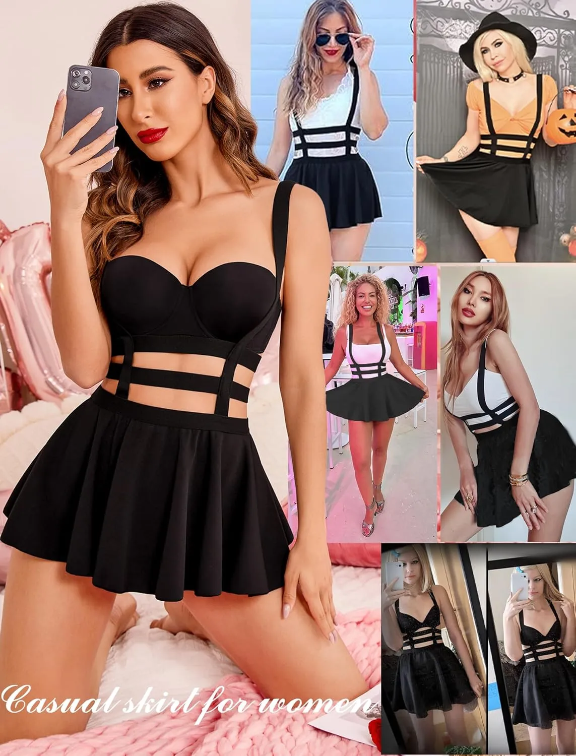 Avidlove Women Sexy Skirt Pleated Mini Skirt Suspender Skirt A-Line Short Braces Skirt