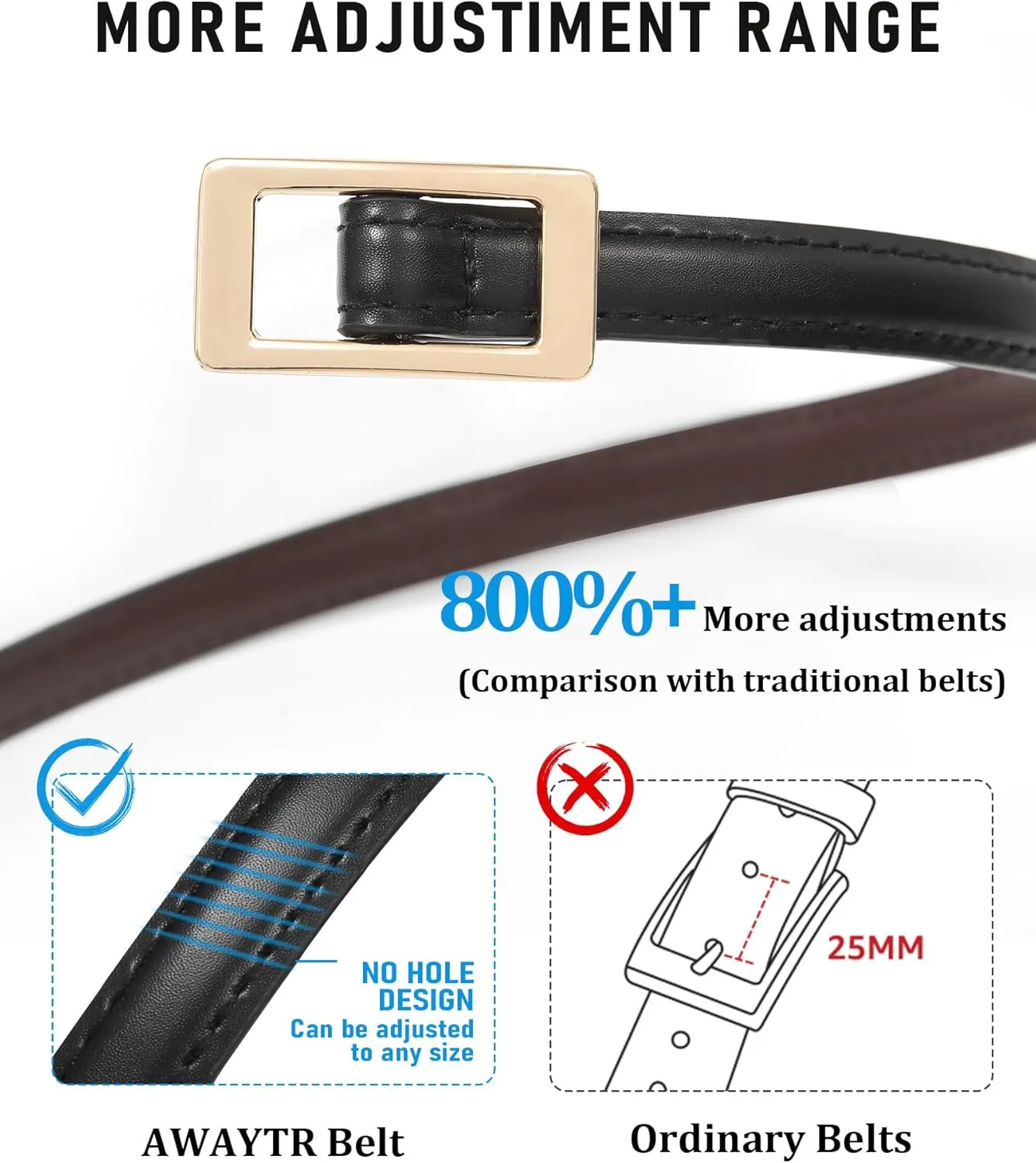 AWAYTR Skinny Reversible Leather Belt - Hole Free Thin Waist Belt for Women Jeans Dress with Gold Buckle