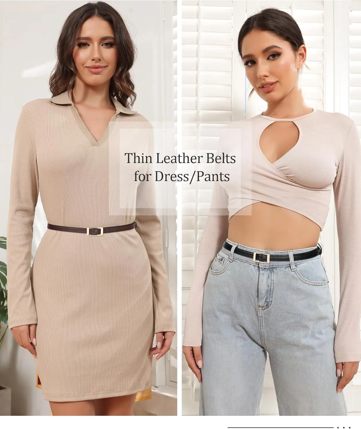 AWAYTR Skinny Reversible Leather Belt - Hole Free Thin Waist Belt for Women Jeans Dress with Gold Buckle