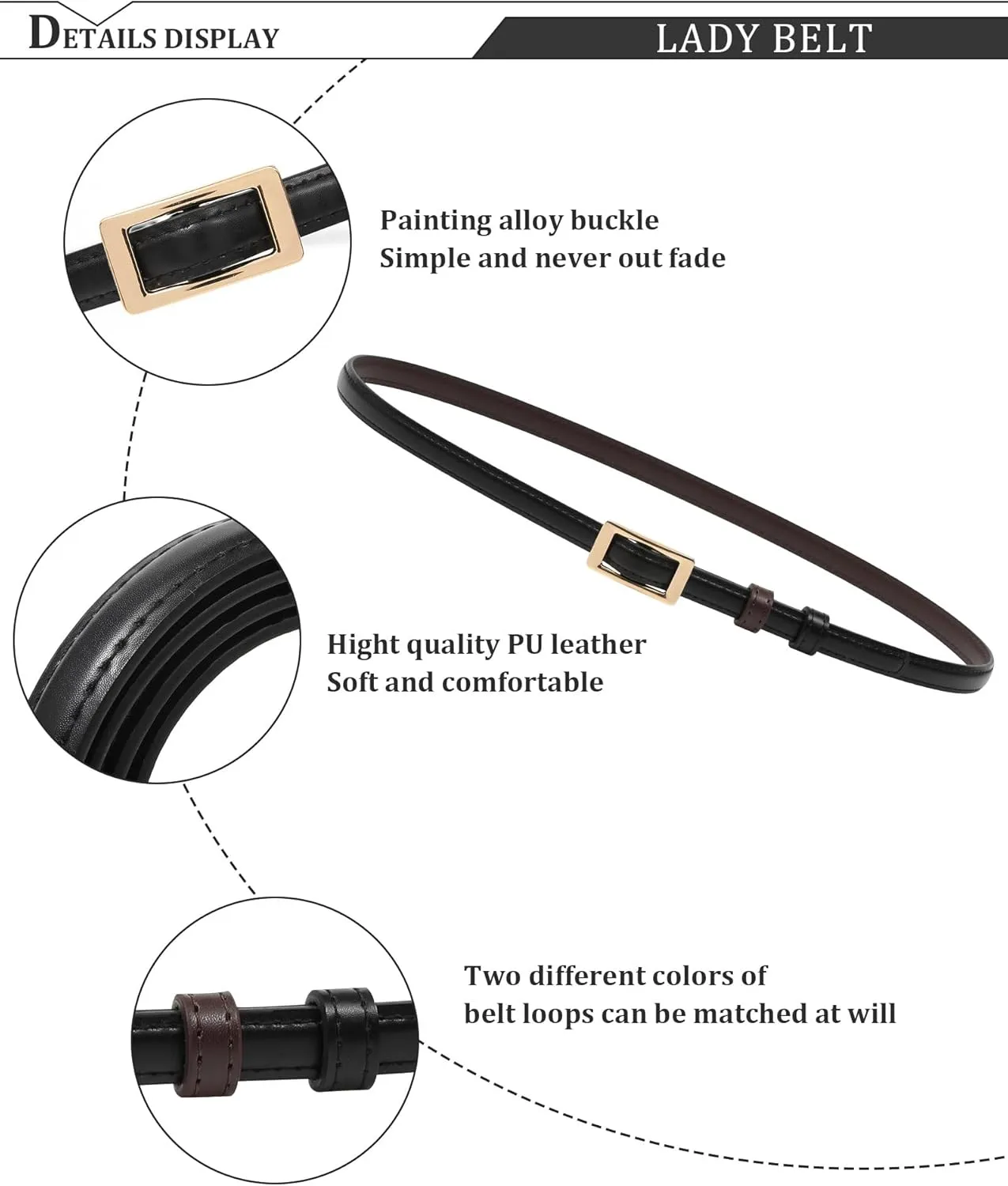 AWAYTR Skinny Reversible Leather Belt - Hole Free Thin Waist Belt for Women Jeans Dress with Gold Buckle