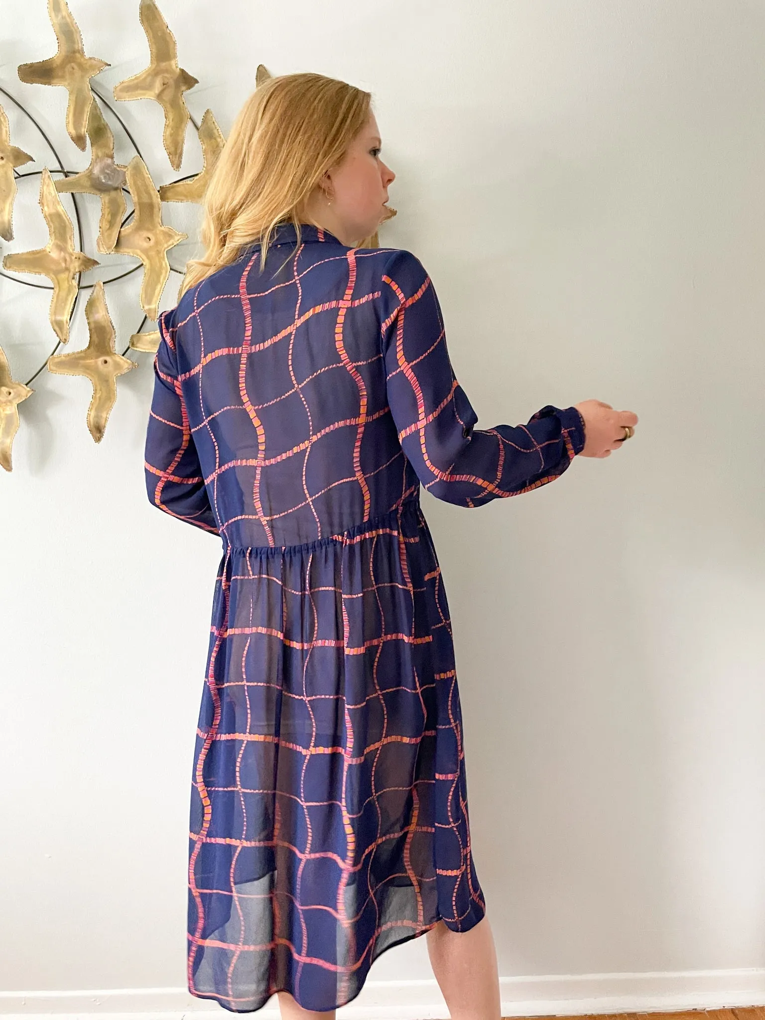 Benee by Lori Ann Navy Pink Orange Square Print Sheer Dress - Medium