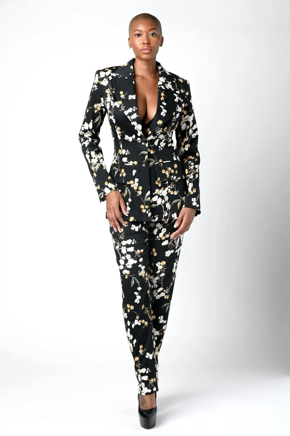 Black Floral Print Cotton Button Front Jacket