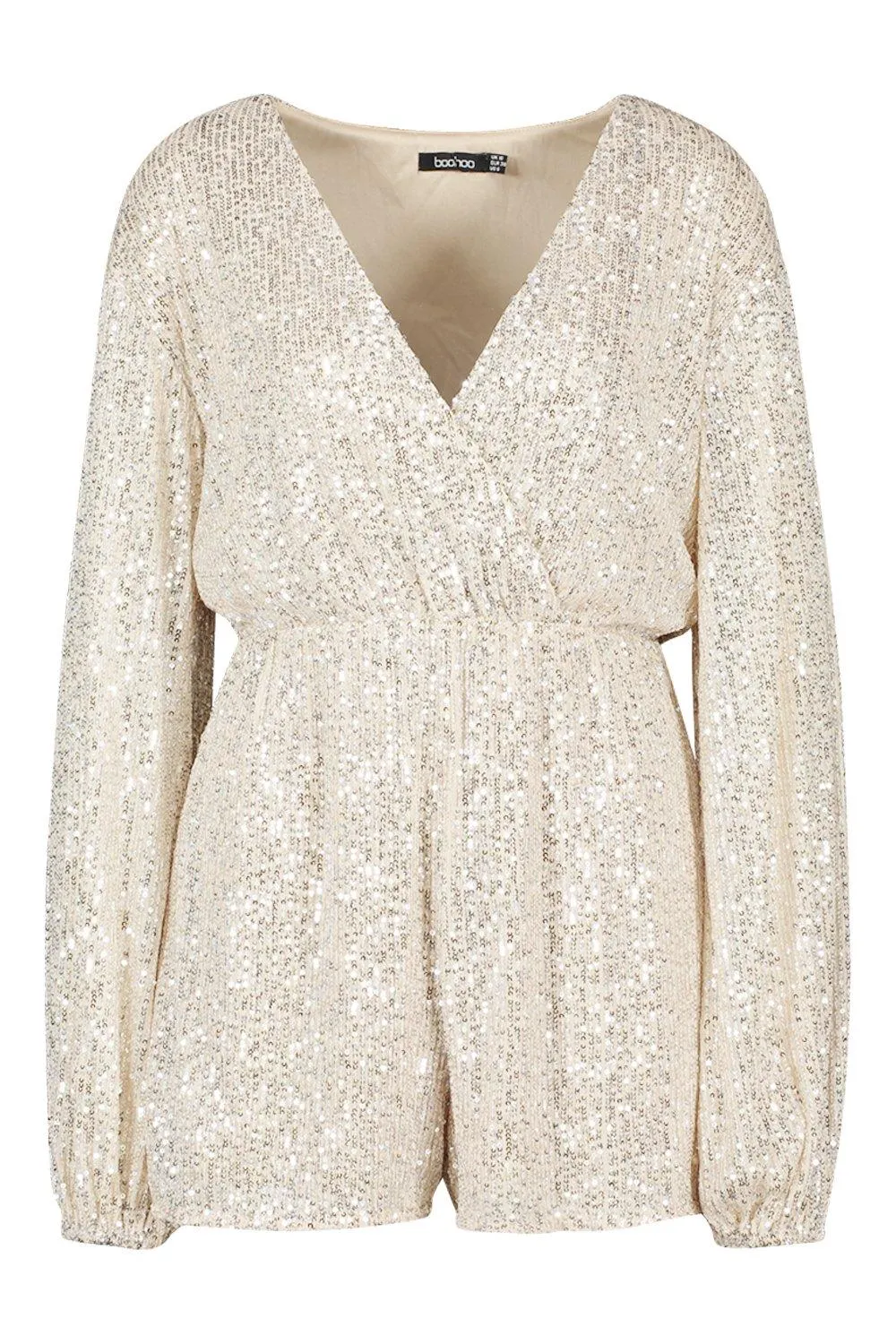 Blouson jumpsuit with sequins and wrap front sleeve Boohoo, nude