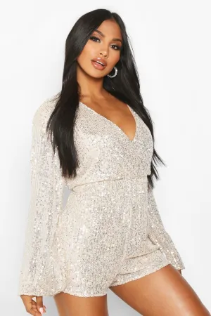 Blouson jumpsuit with sequins and wrap front sleeve Boohoo, nude
