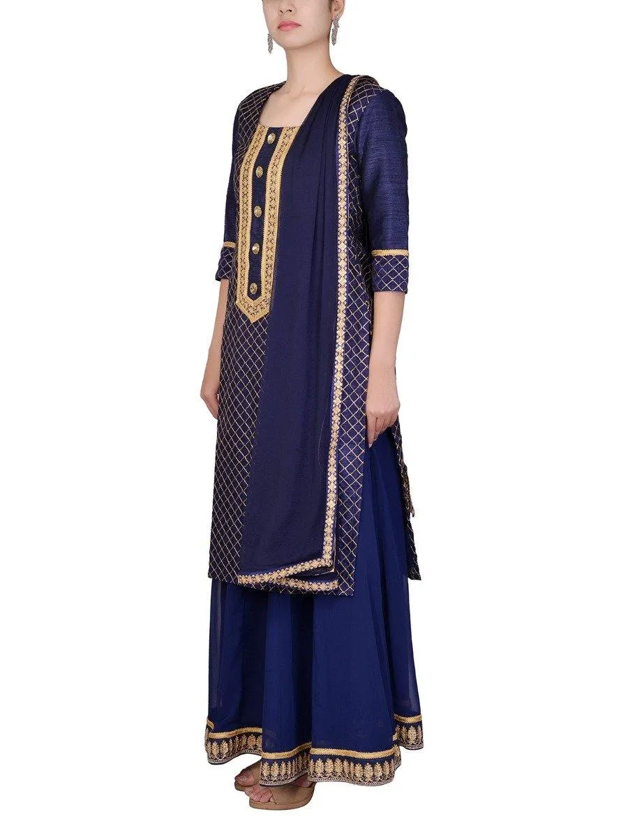 Blue Raw Silk Kurta With Lehenga Skirt Set