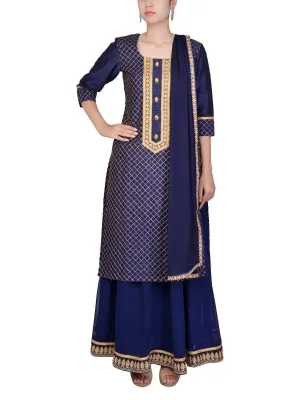 Blue Raw Silk Kurta With Lehenga Skirt Set