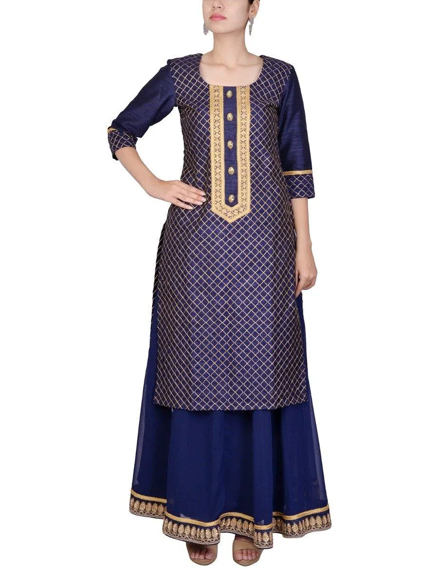 Blue Raw Silk Kurta With Lehenga Skirt Set