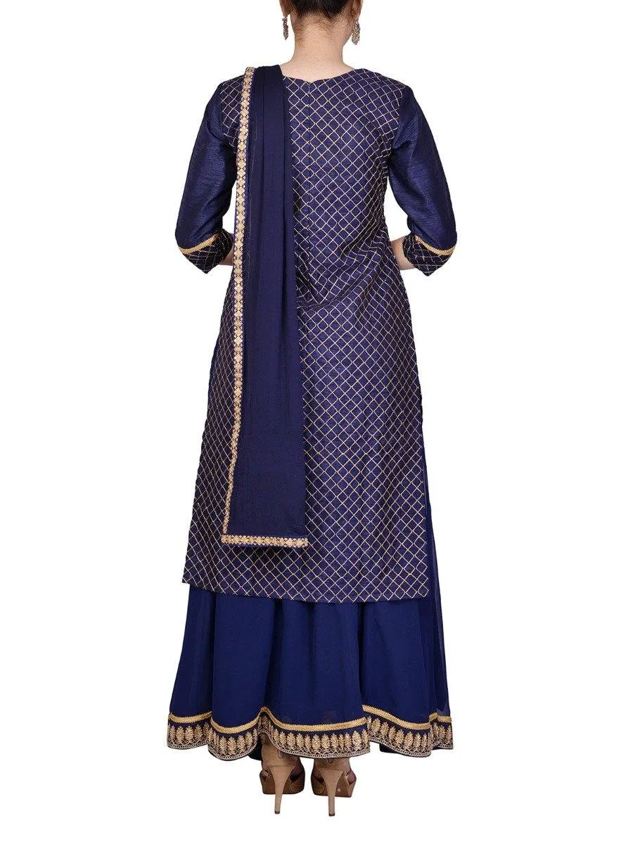 Blue Raw Silk Kurta With Lehenga Skirt Set