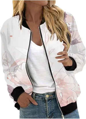 Bomber Jacket Women 2024 Causal Floral Zip Up Coats Stand Collar Fall Jackets Lightweight Outerwear Windbreaker