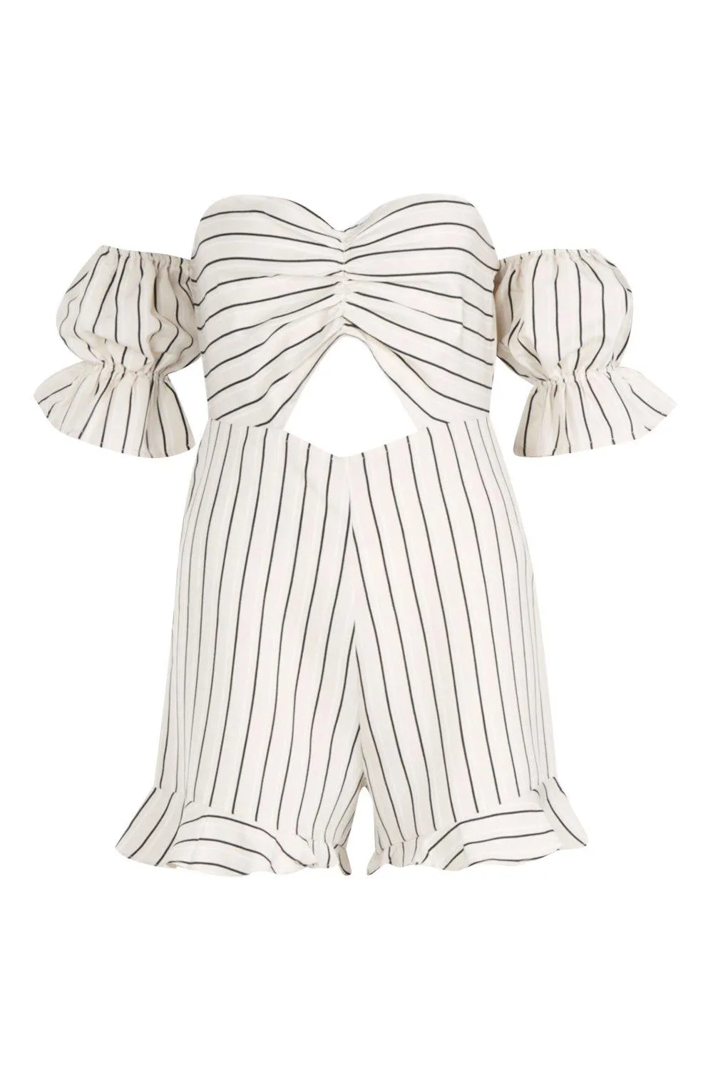 Boohoo Tonal Striped Sweetheart Shoulder Jumpsuit, Sand