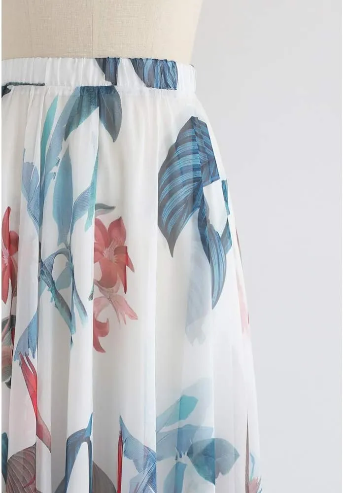 CHICWISH Women's Floral Watercolor Flower Maxi Floral Chiffon Slip Skirt