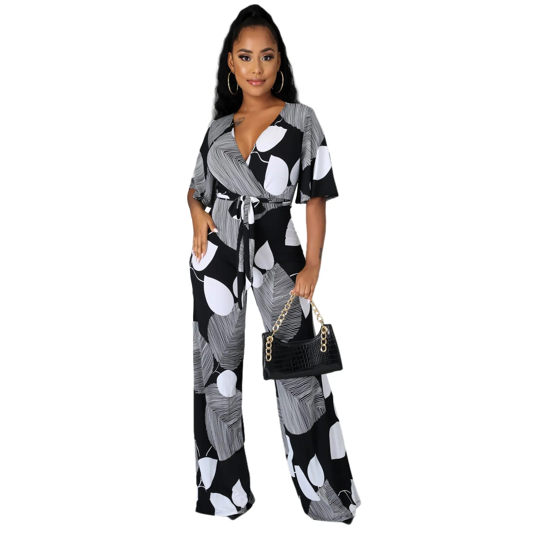 Cleavage Flare Sleeve straight One-Piece Jumpsuit