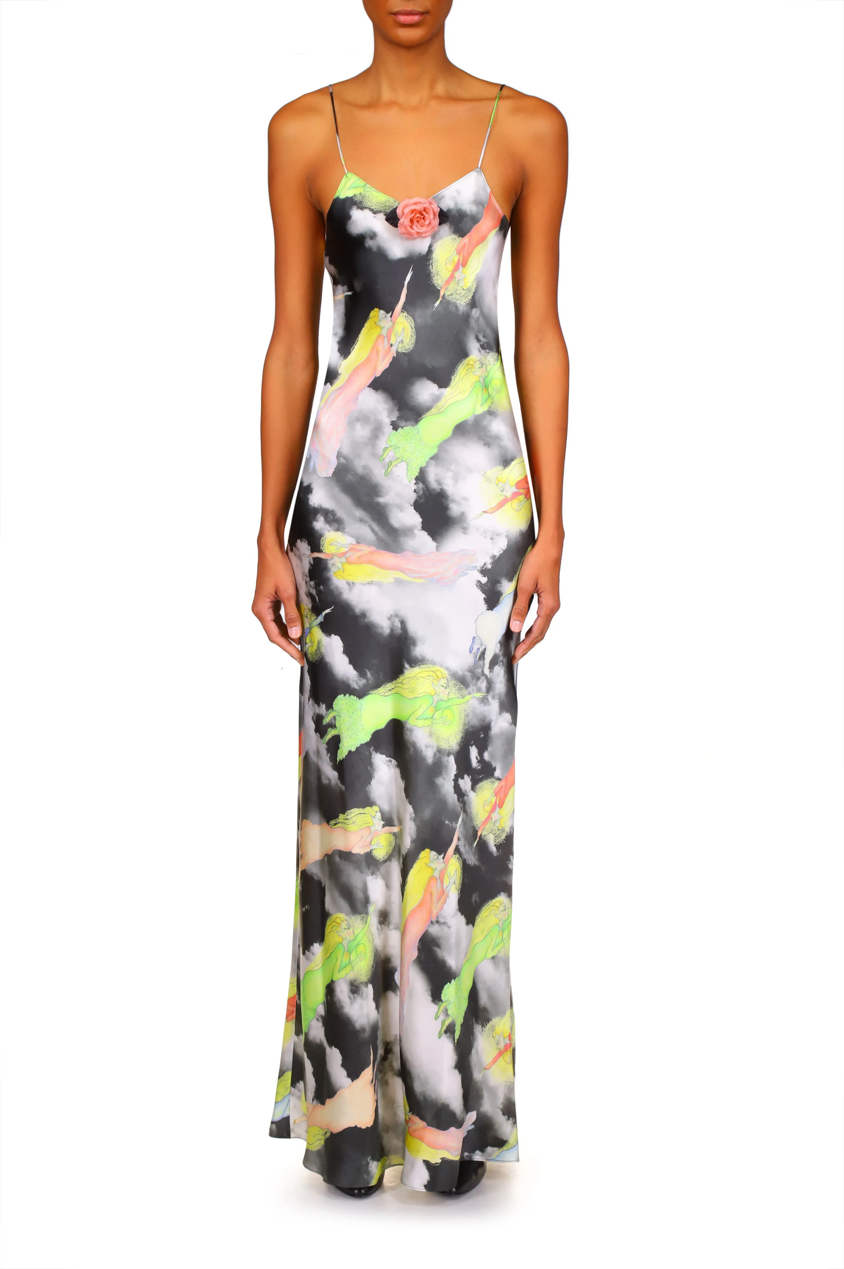 Cloud And Fairy Printed Silk Satin Bias Slip Dress