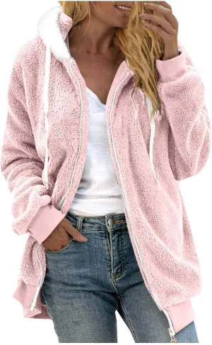 Coats for Women, Women's Fashion Casual Loose Plush Striped Zipper Long Sleeve Stitching Hooded Jacket Coat