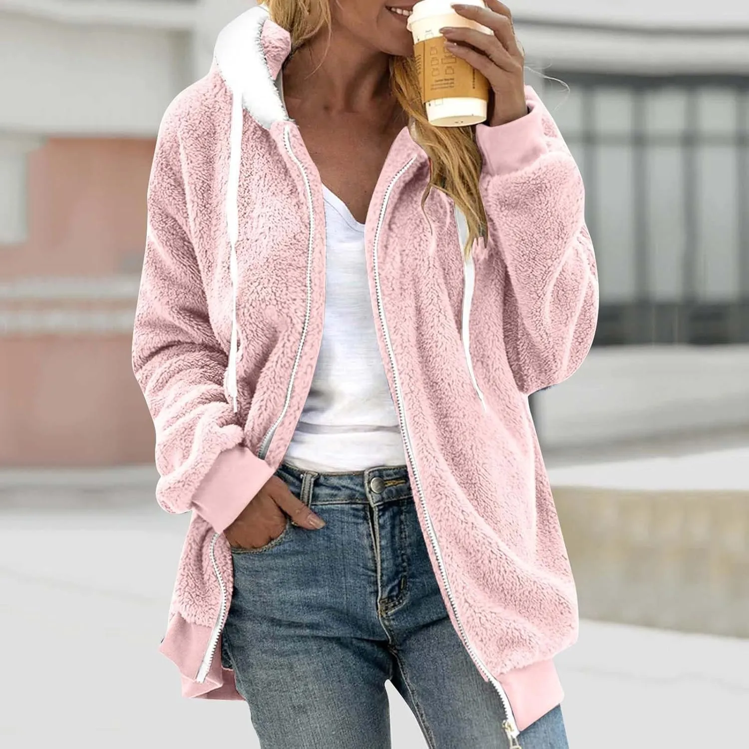 Coats for Women, Women's Fashion Casual Loose Plush Striped Zipper Long Sleeve Stitching Hooded Jacket Coat