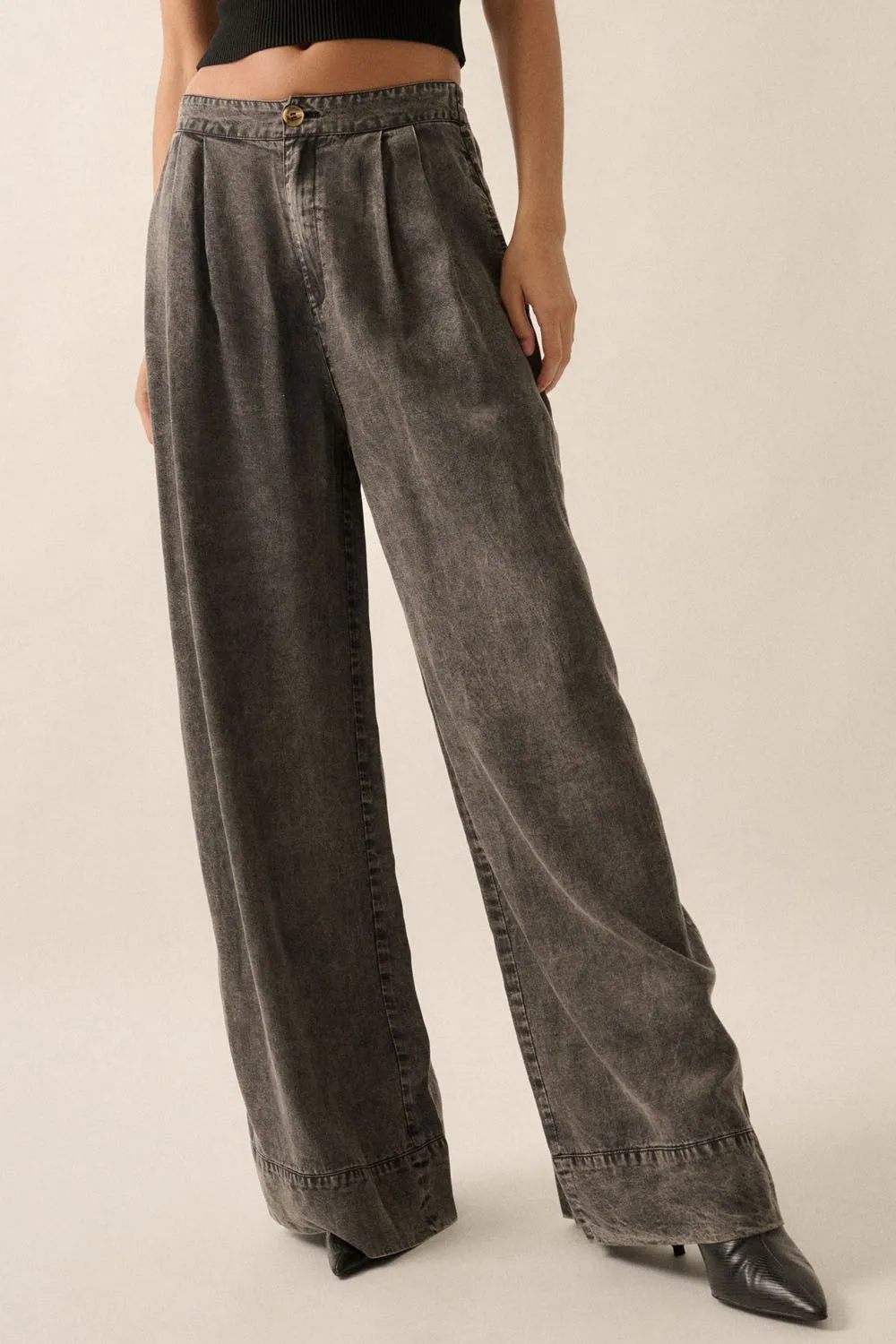 Collister Mineral Washed Denim Pleated Wide-Leg Pants