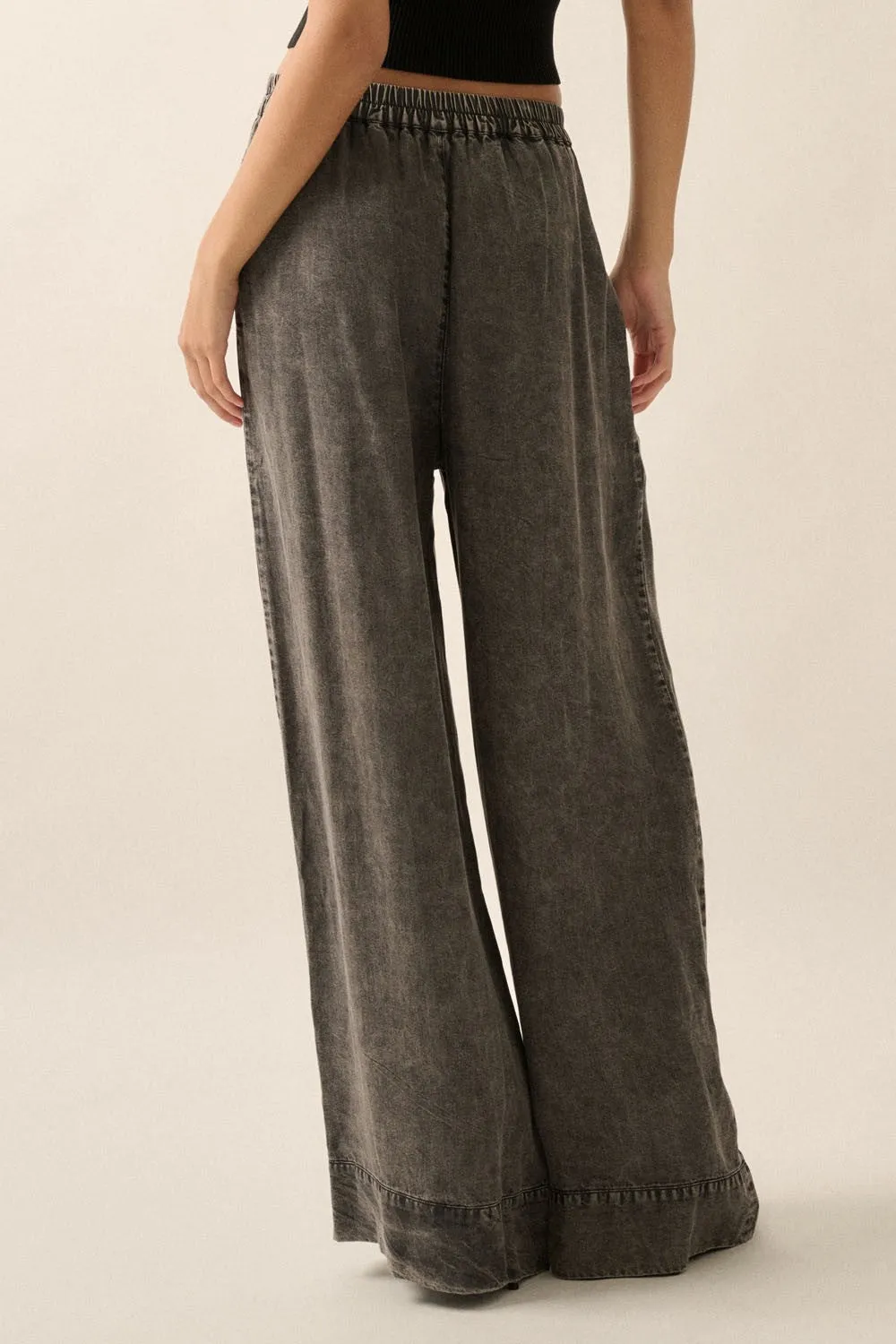 Collister Mineral Washed Denim Pleated Wide-Leg Pants