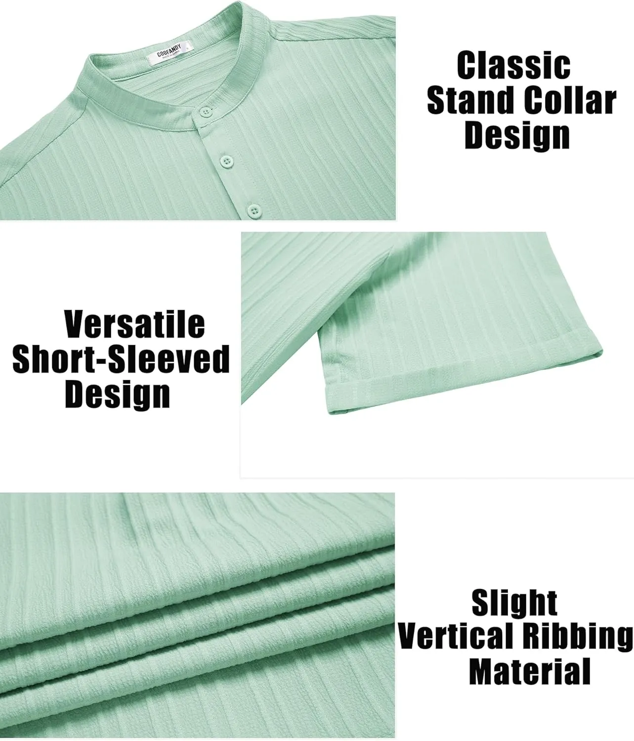 COOFANDY Men Casual Henley Tee Shirt Short Sleeve Band Collar Summer Beach Textured T-Shirt
