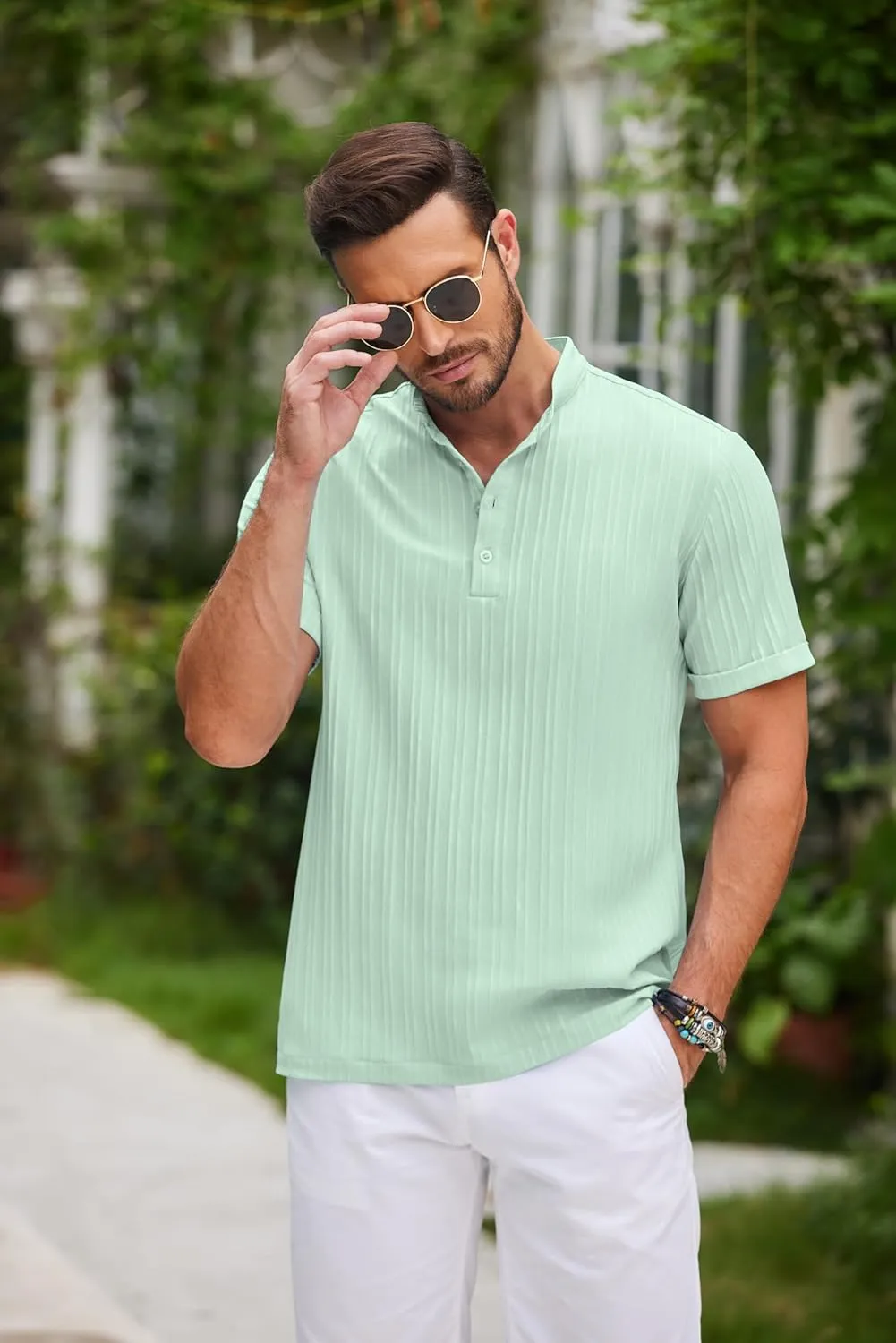 COOFANDY Men Casual Henley Tee Shirt Short Sleeve Band Collar Summer Beach Textured T-Shirt