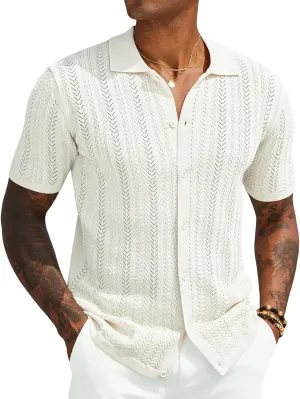 COOFANDY Mens Knit Shirt 2025 Short Sleeve Casual Button Down Shirt Summer Beach Vacation Shirts
