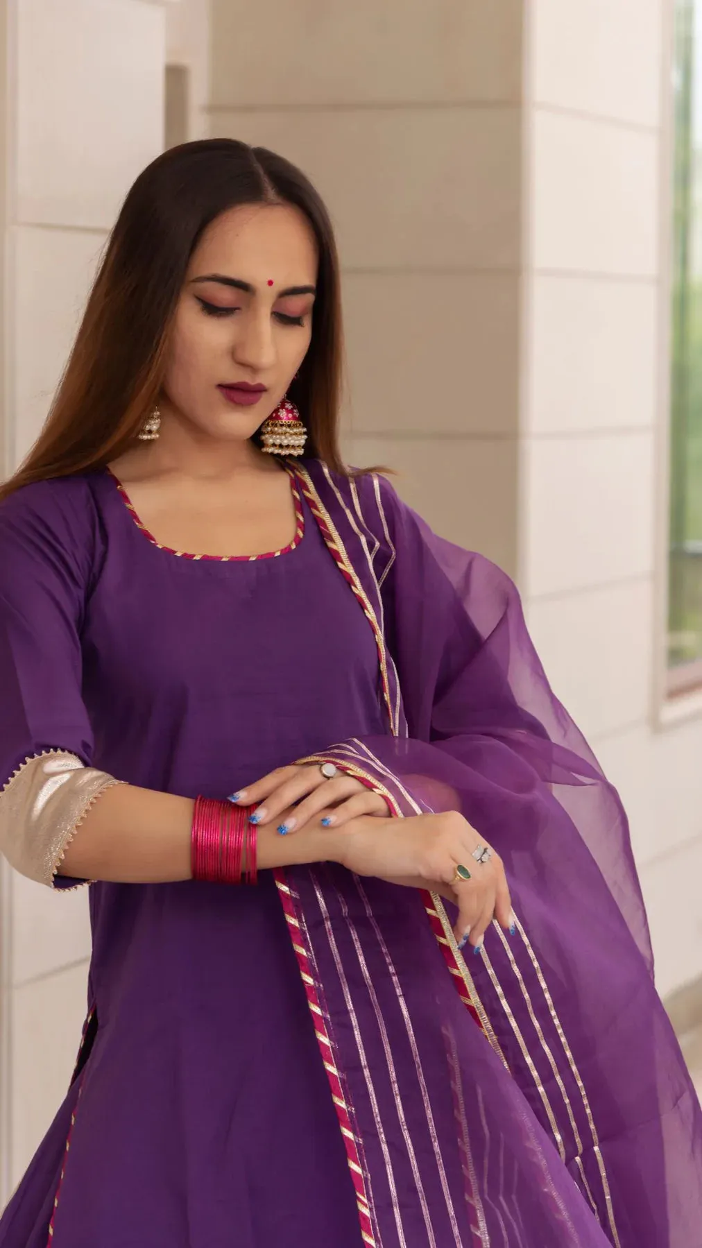 Cotton Solid Purple  Kurta Skirt Set with Organza Dupatta