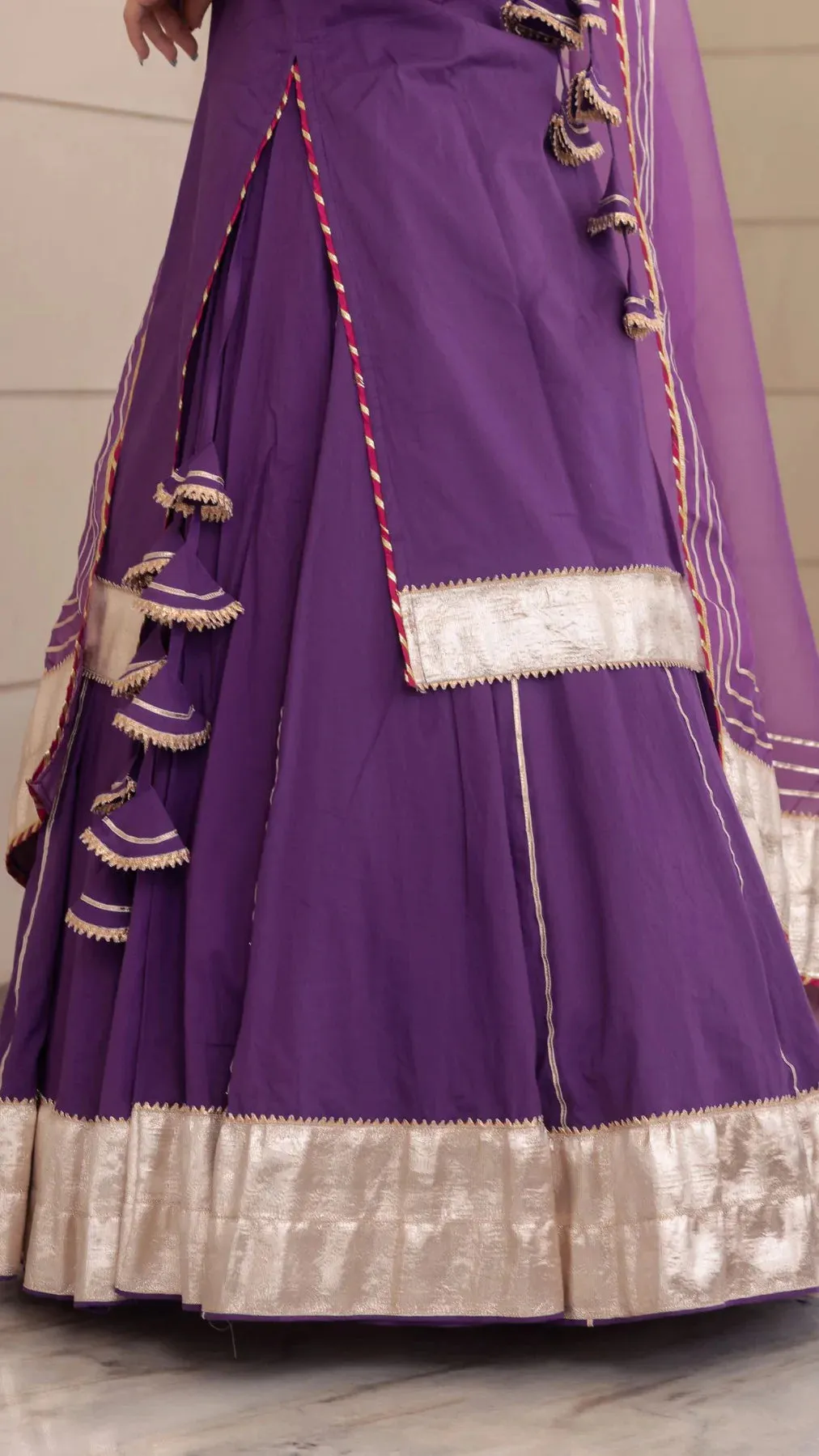 Cotton Solid Purple  Kurta Skirt Set with Organza Dupatta