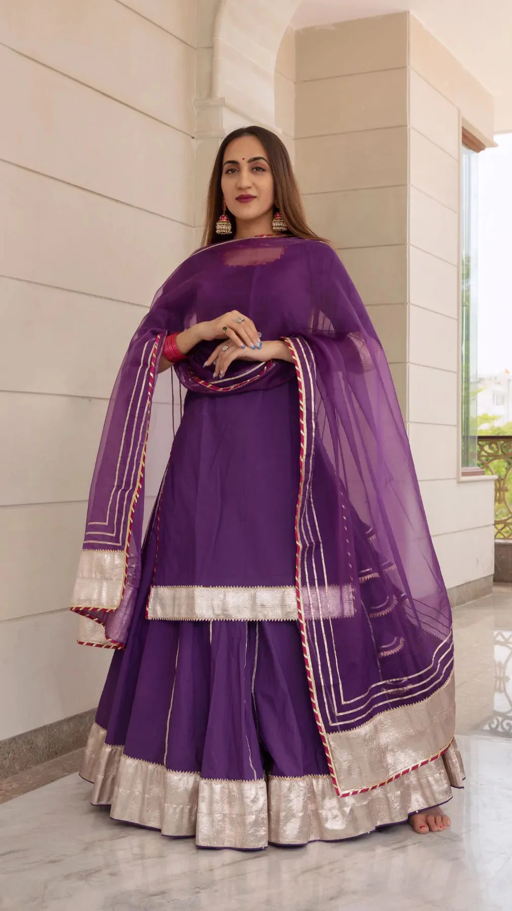 Cotton Solid Purple  Kurta Skirt Set with Organza Dupatta