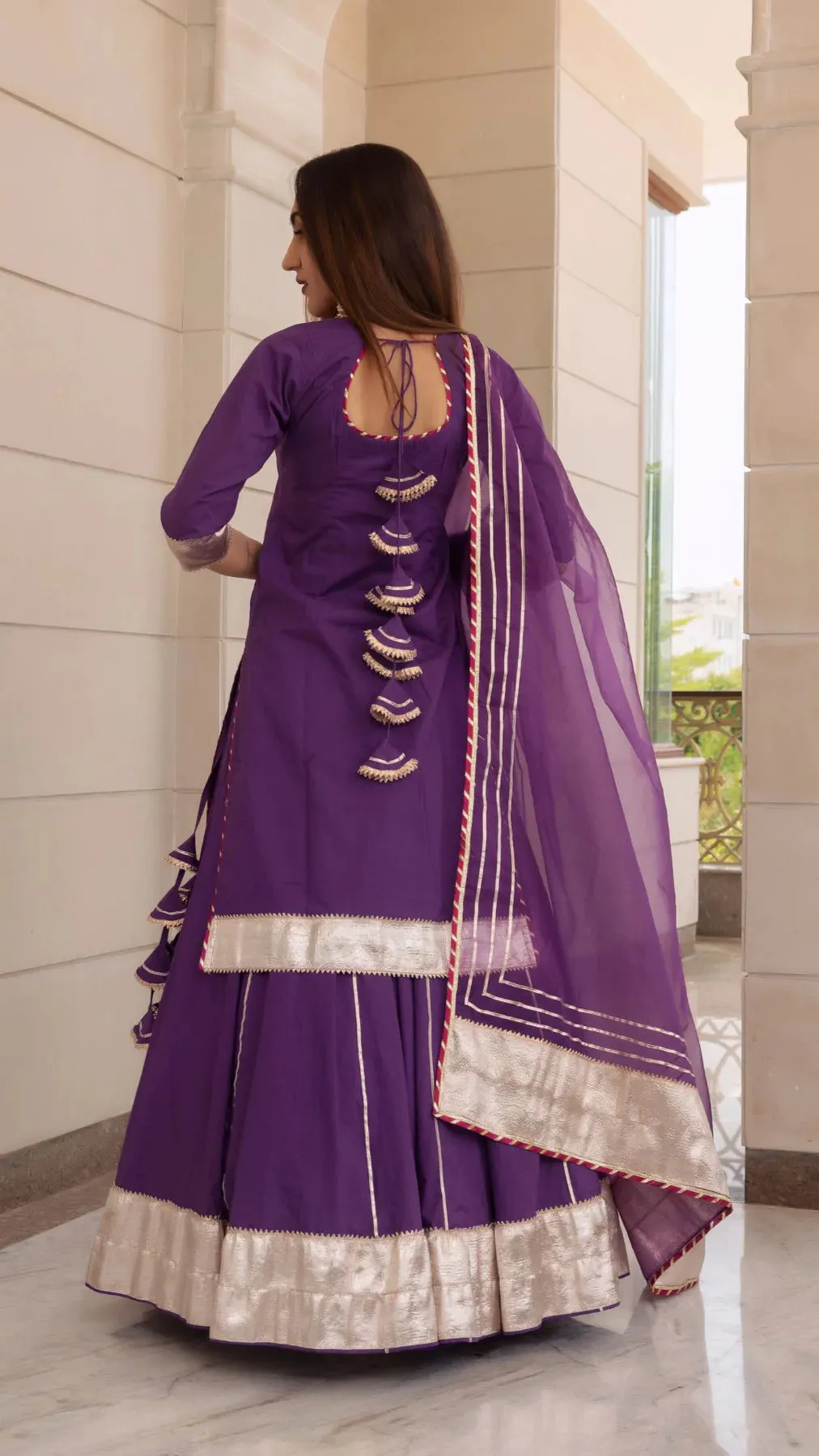 Cotton Solid Purple  Kurta Skirt Set with Organza Dupatta