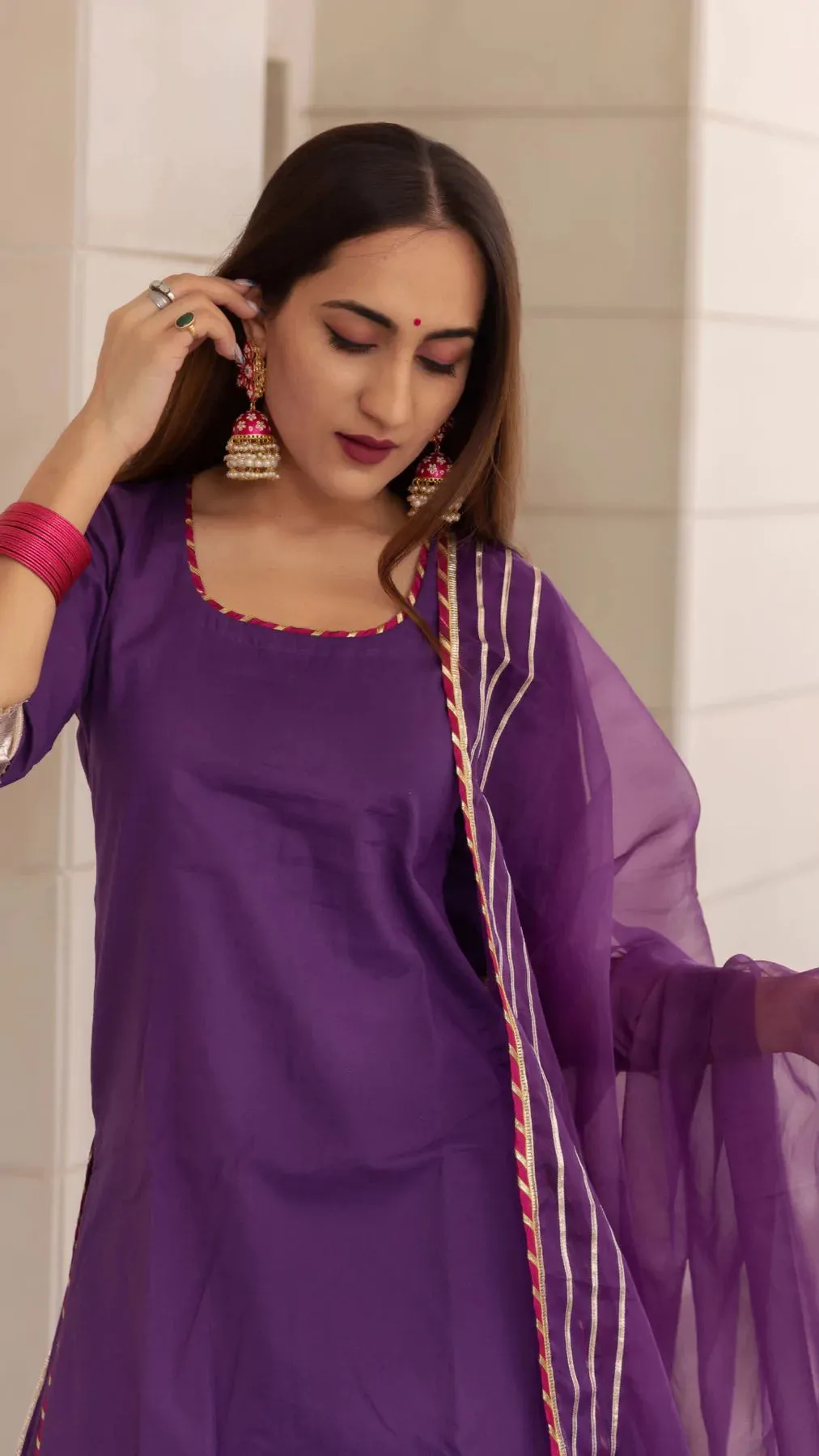 Cotton Solid Purple  Kurta Skirt Set with Organza Dupatta