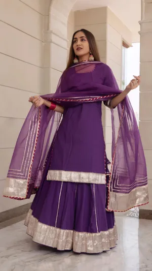Cotton Solid Purple  Kurta Skirt Set with Organza Dupatta
