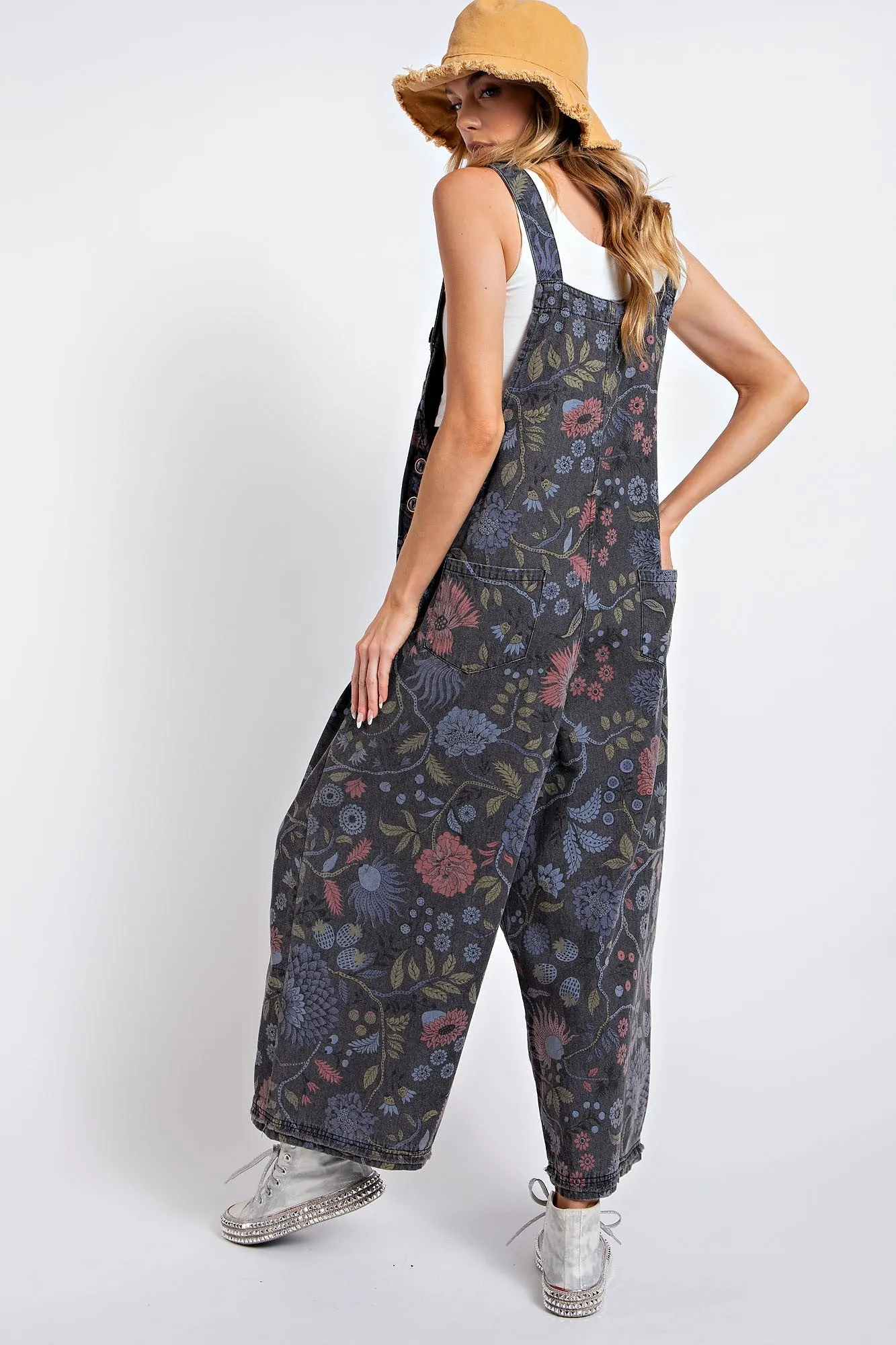 Easel Oversized Floral Print Denim Overall Jumpsuit in Black Denim
