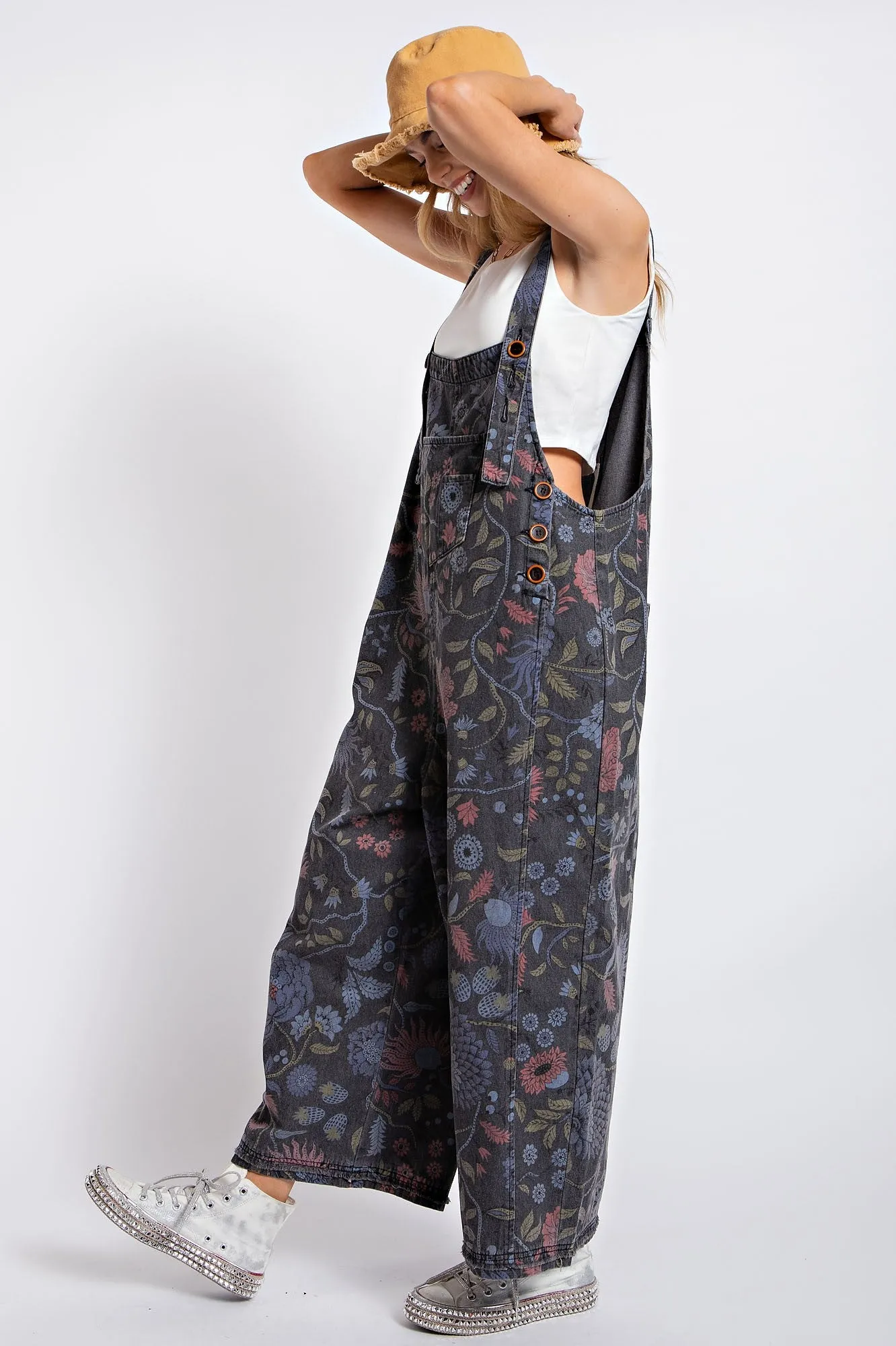 Easel Oversized Floral Print Denim Overall Jumpsuit in Black Denim