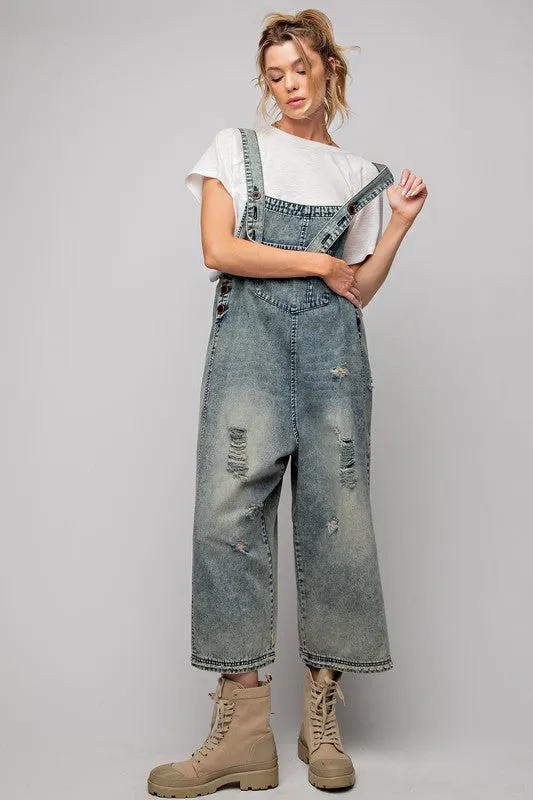 Easel Sanforized Washed Denim Overalls in Vintage Denim