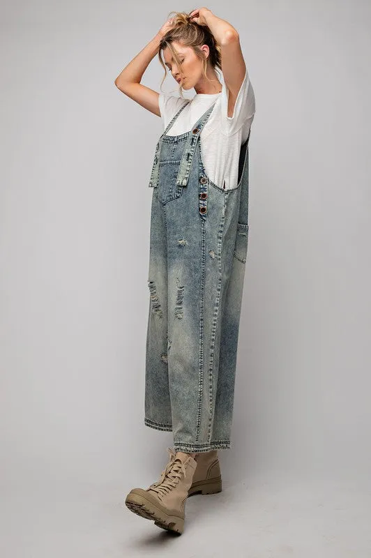 Easel Sanforized Washed Denim Overalls in Vintage Denim