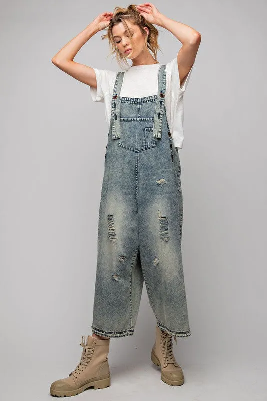 Easel Sanforized Washed Denim Overalls in Vintage Denim