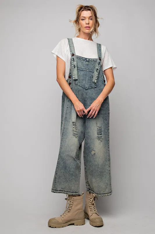 Easel Sanforized Washed Denim Overalls in Vintage Denim