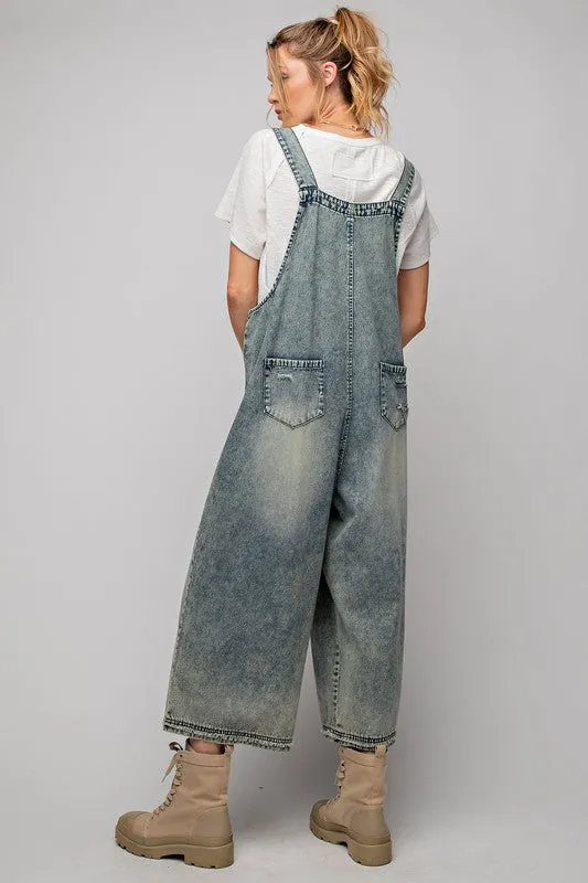 Easel Sanforized Washed Denim Overalls in Vintage Denim