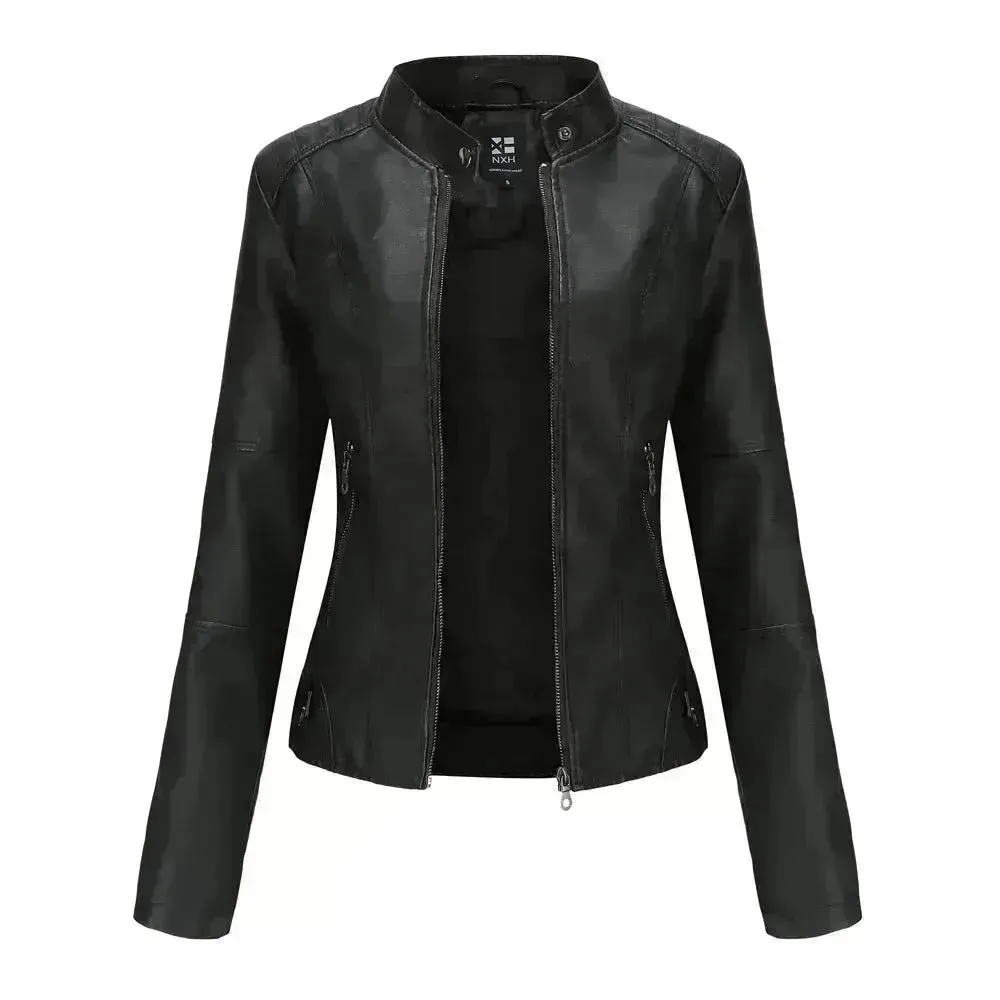 Fashioned European and American Slim fit stand collar Leather jacket for women