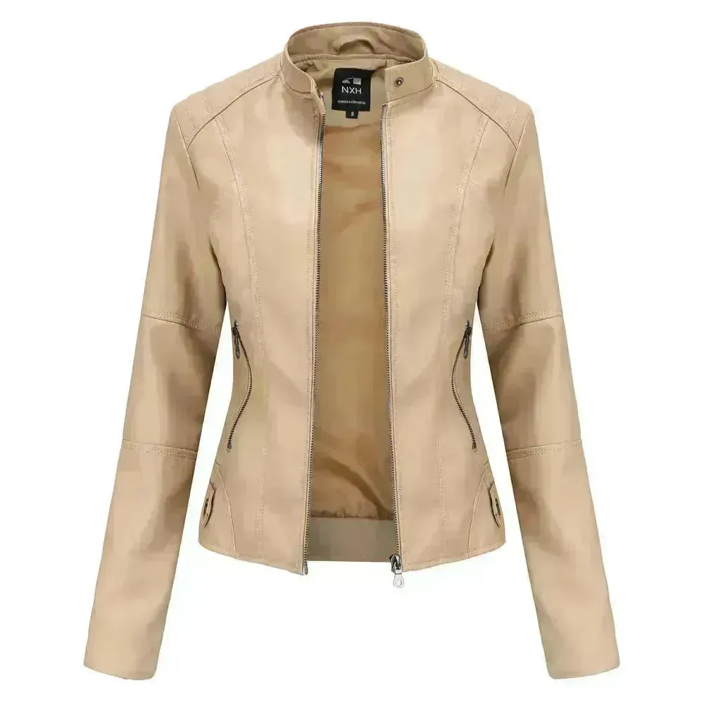 Fashioned European and American Slim fit stand collar Leather jacket for women