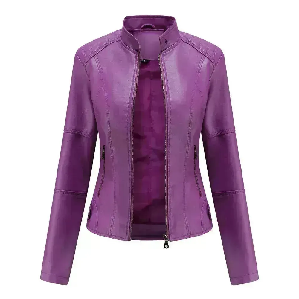 Fashioned European and American Slim fit stand collar Leather jacket for women