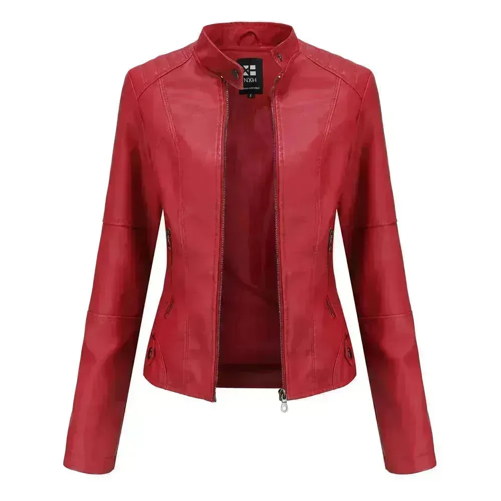 Fashioned European and American Slim fit stand collar Leather jacket for women
