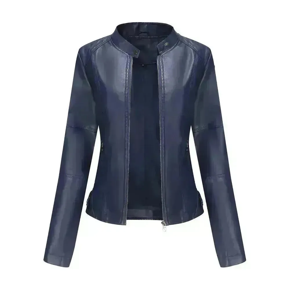 Fashioned European and American Slim fit stand collar Leather jacket for women
